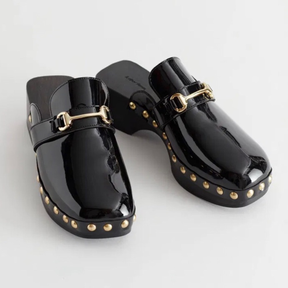 & Other Stories Black Patent Studded Clogs with Gold Details, SZ 37